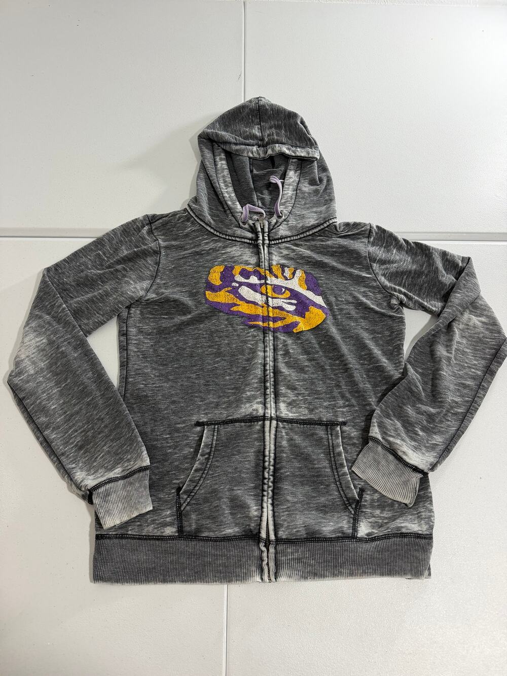 J America LSU Tigers Womens Burnout Full Zip Hoodie L Gray NCAA Sweatshirt